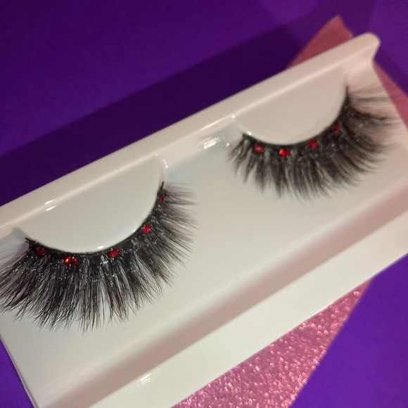 Fake Eyelashes Vampire Party Red Bling Rhinestone Vampy Goth Emo Egirl Falsies - Picture 12 of 13